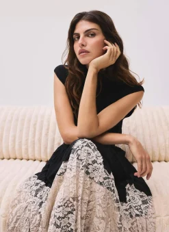 Black Pleated Lace Hem Midi Skirt