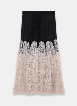 Black Pleated Lace Hem Midi Skirt