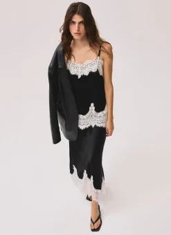 Black Satin Lace Midi Skirt