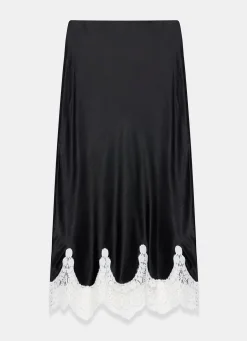 Black Satin Lace Midi Skirt
