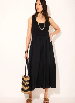 Black Scallop Trim Midi Dress