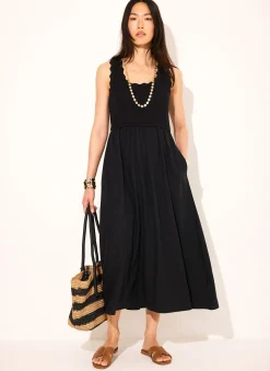 Black Scallop Trim Midi Dress
