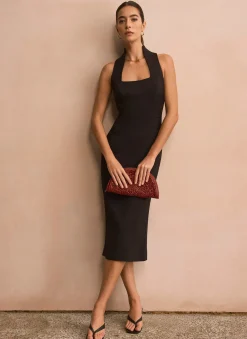 Black Sleeveless Fitted Midi Dress