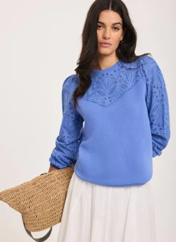 Blue Cotton Blend Broderie Sweatshirt