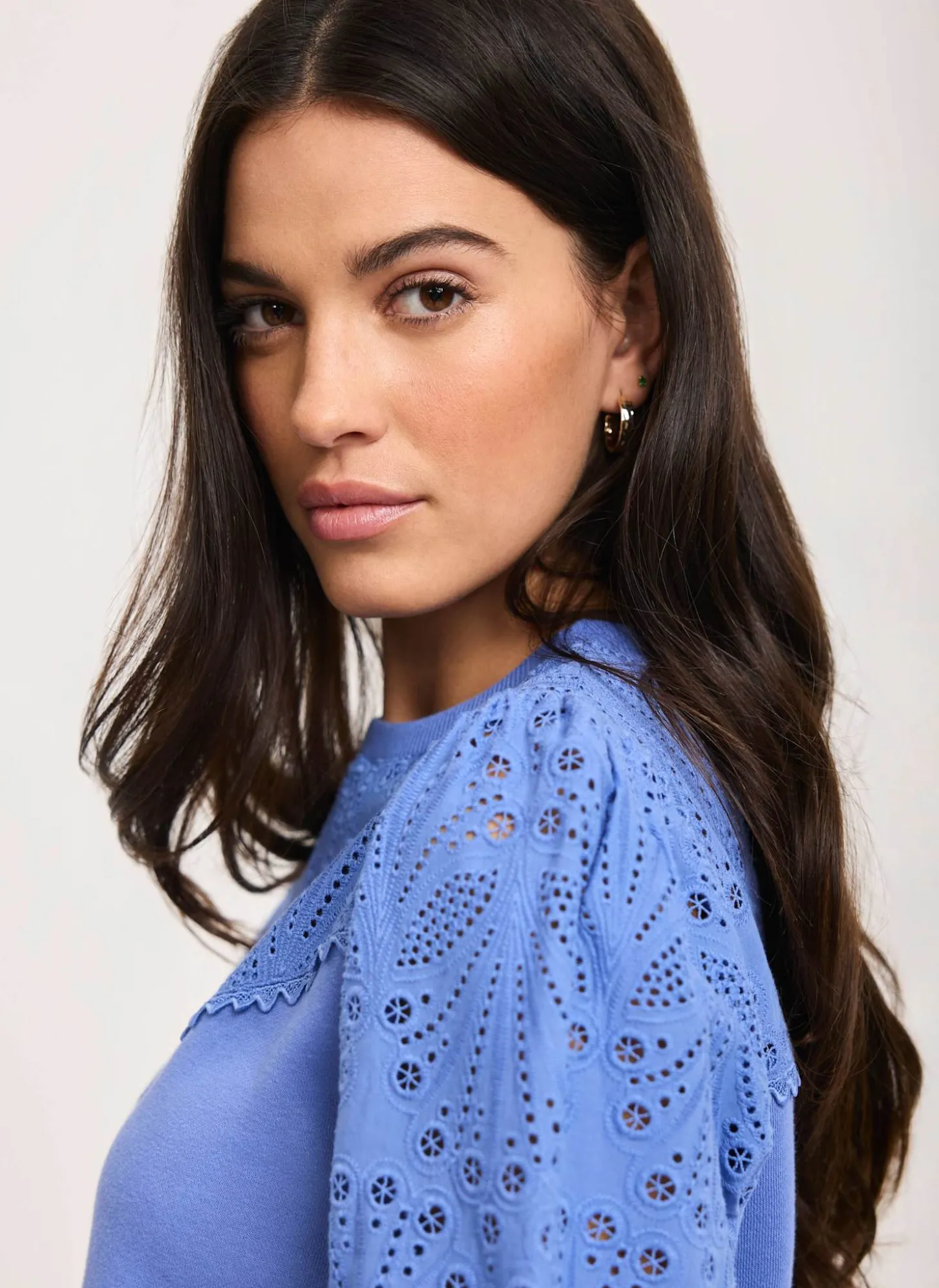Blue Cotton Blend Broderie Sweatshirt