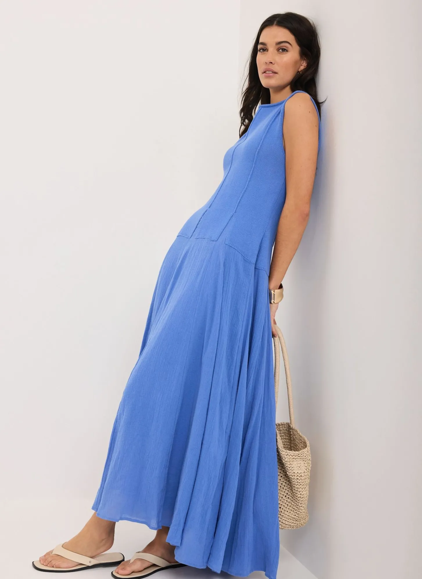 Blue Cotton Blend Drop Waist Maxi Dress