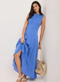 Blue Cotton Blend Drop Waist Maxi Dress