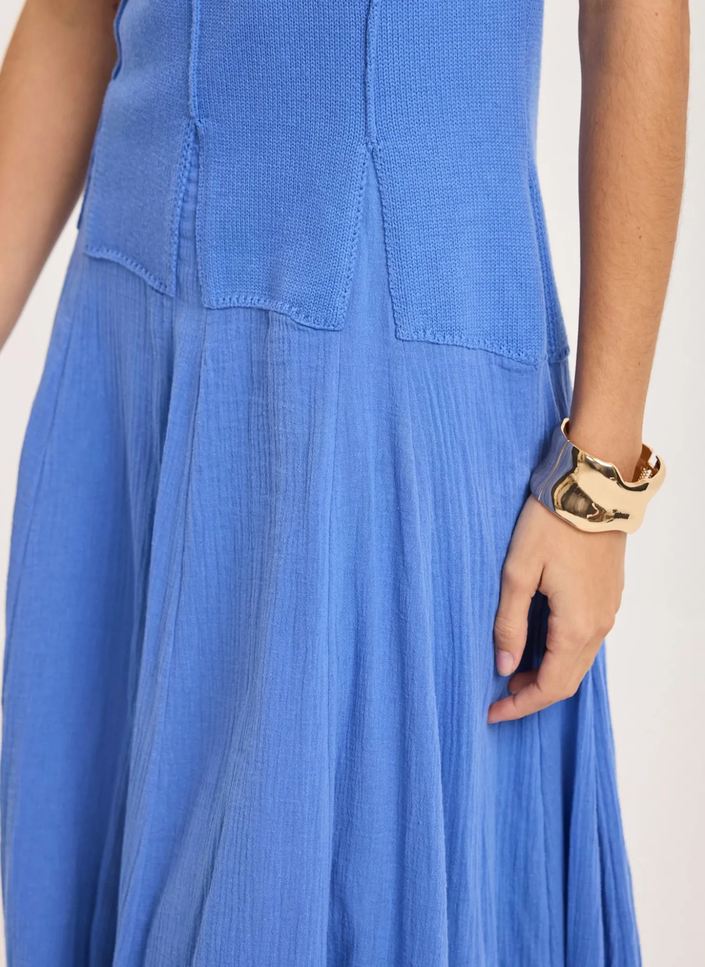 Blue Cotton Blend Drop Waist Maxi Dress