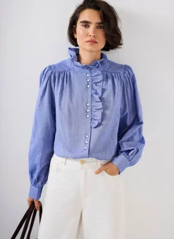 Blue Cotton Chambray Ruffle Blouse
