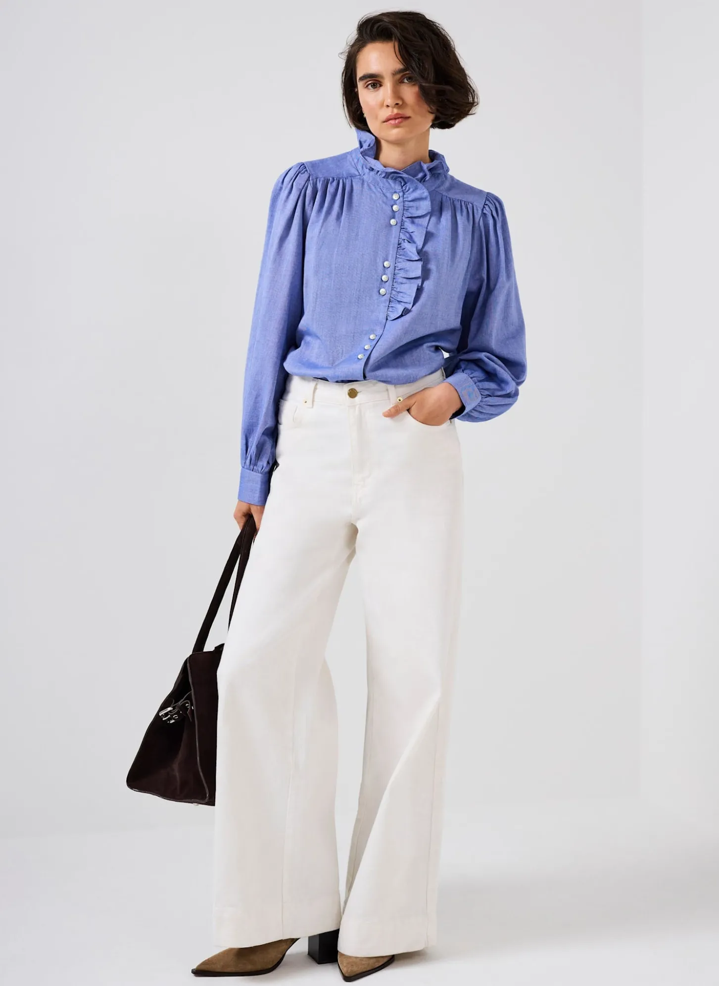Blue Cotton Chambray Ruffle Blouse
