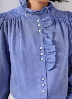 Blue Cotton Chambray Ruffle Blouse