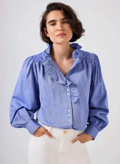 Blue Cotton Chambray Ruffle Blouse