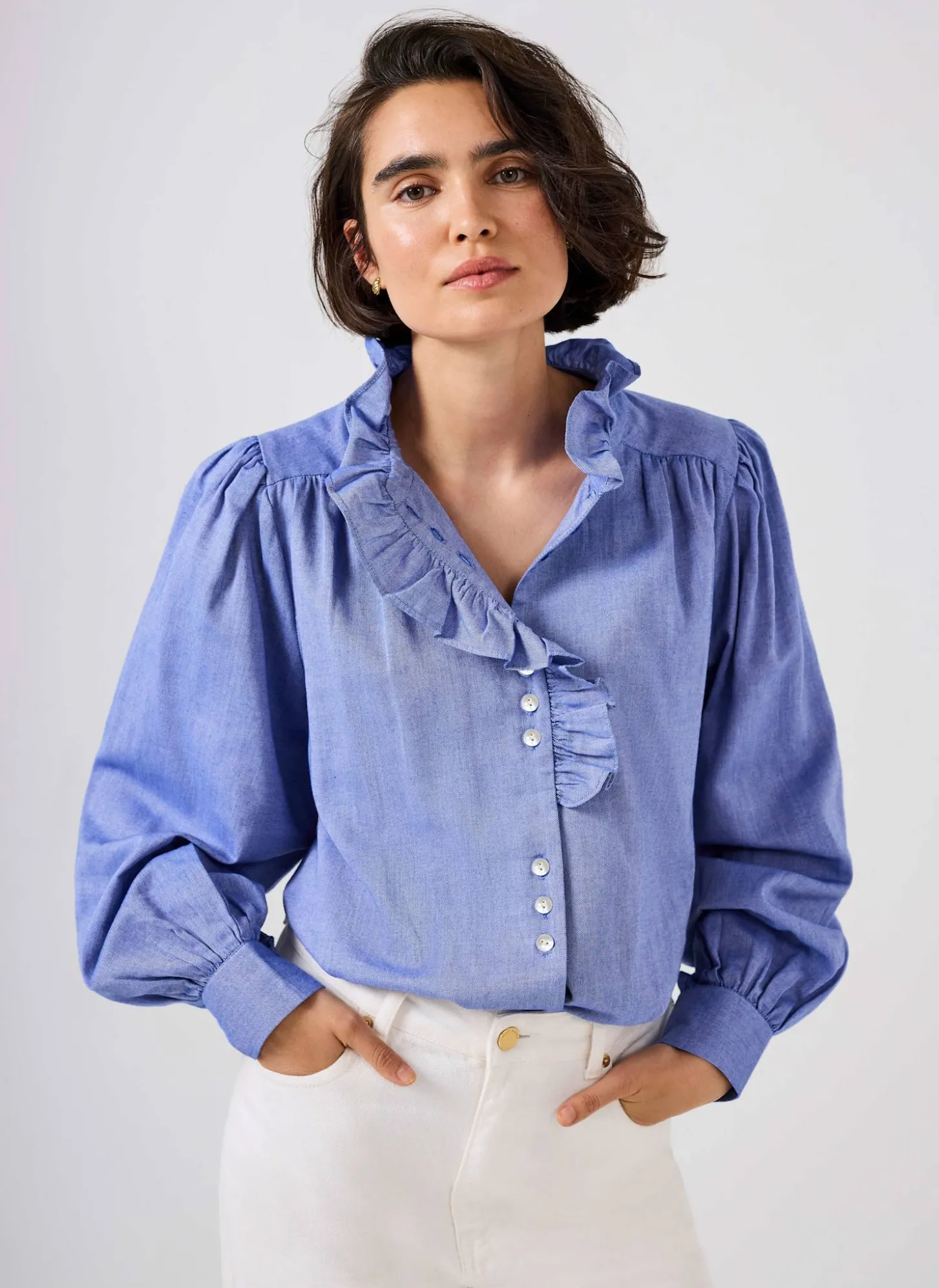 Blue Cotton Chambray Ruffle Blouse