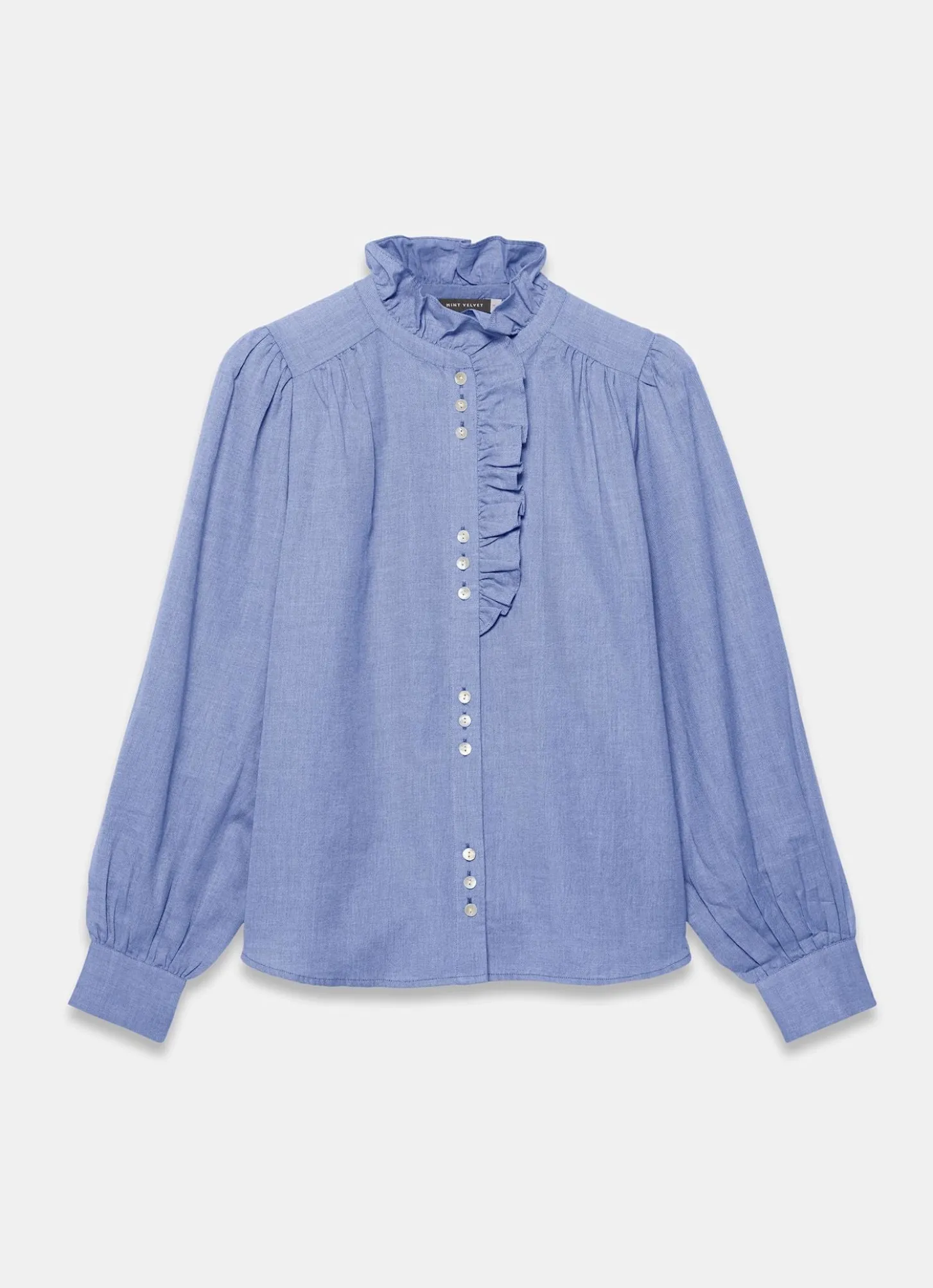 Blue Cotton Chambray Ruffle Blouse