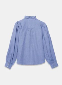 Blue Cotton Chambray Ruffle Blouse