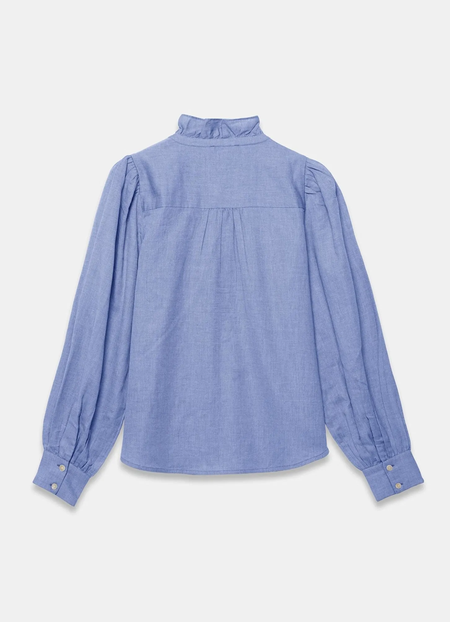 Blue Cotton Chambray Ruffle Blouse