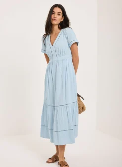 Blue Cotton Cheesecloth Midi Dress