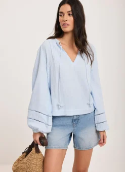 Blue Cotton Cheesecloth Open Stitch Blouse