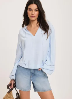 Blue Cotton Cheesecloth Open Stitch Blouse