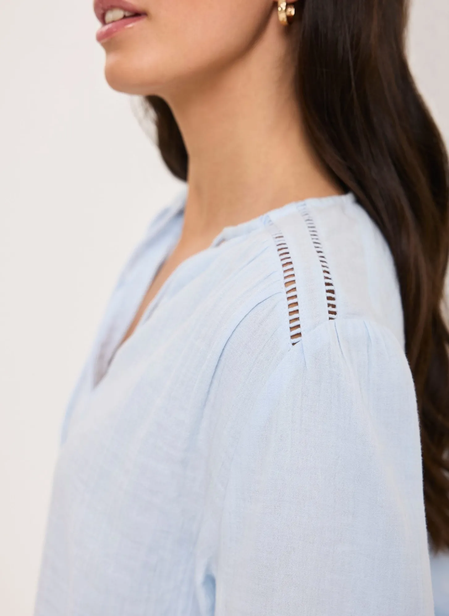 Blue Cotton Cheesecloth Open Stitch Blouse