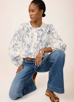Blue Cotton Floral Print Blouse