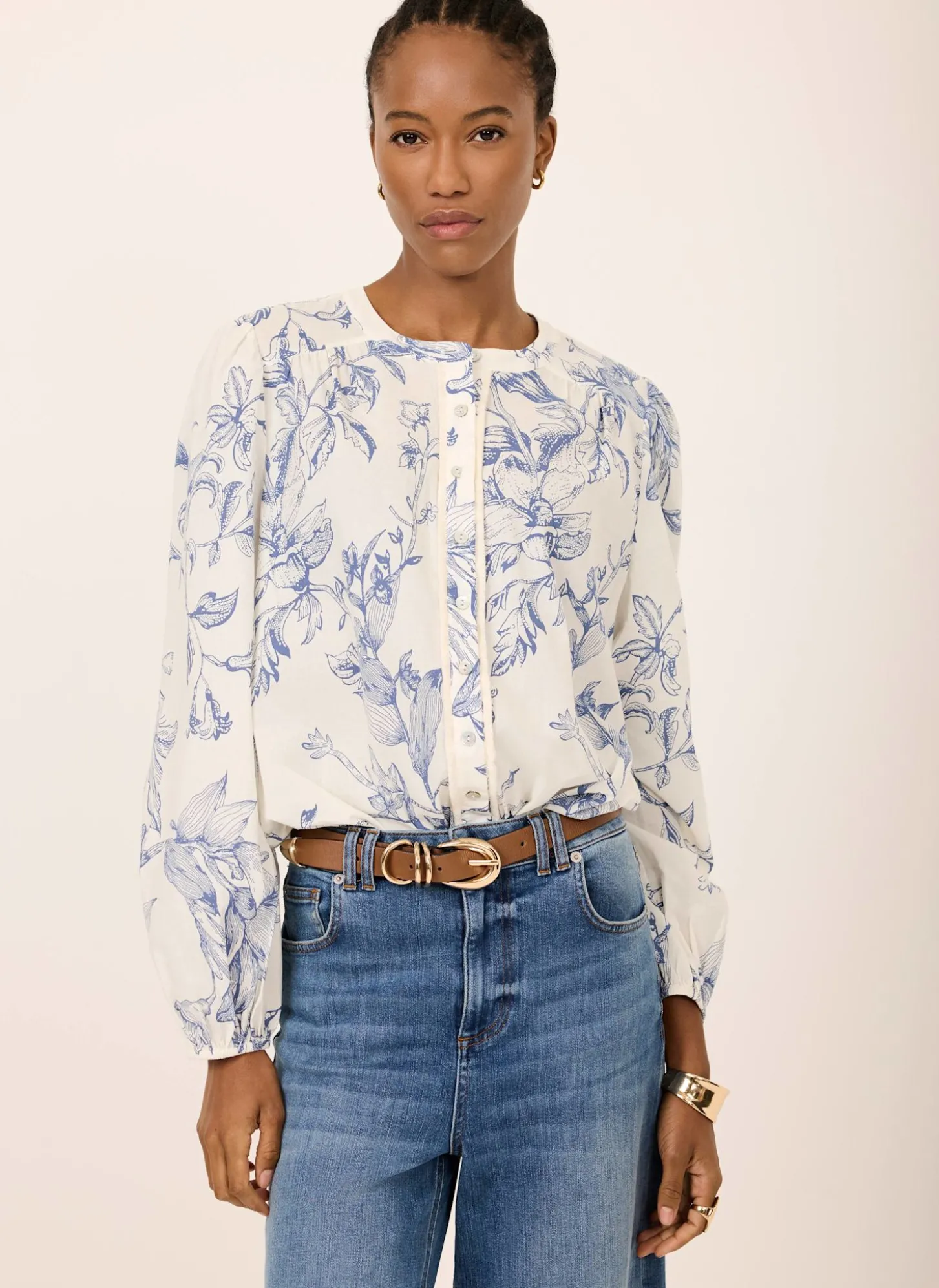 Blue Cotton Floral Print Blouse
