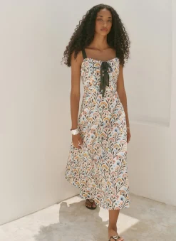 Blue Cotton Floral Print Midi Dress