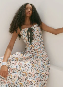 Blue Cotton Floral Print Midi Dress