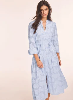Blue Cotton Floral Shirt Midi Dress