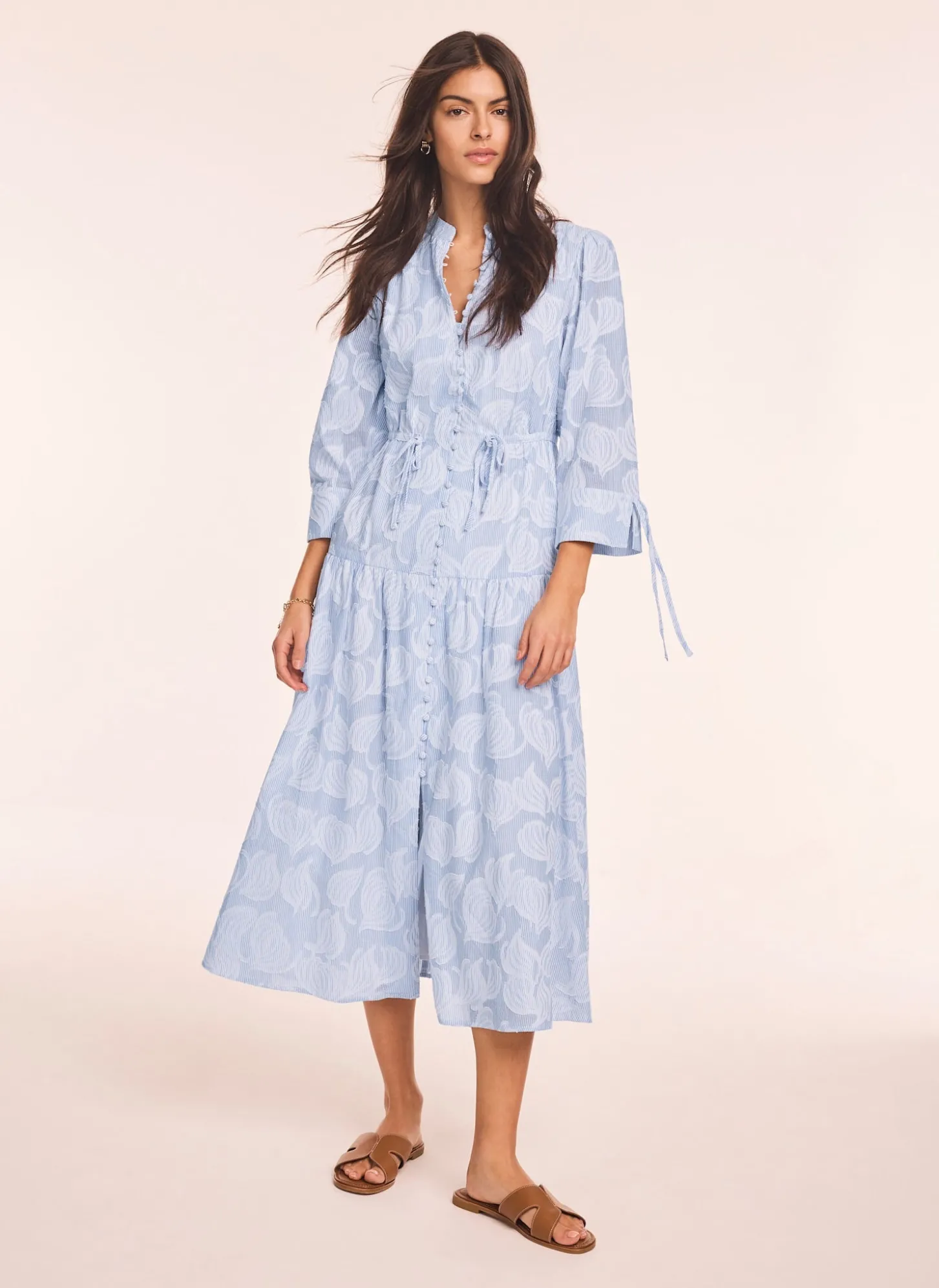 Blue Cotton Floral Shirt Midi Dress