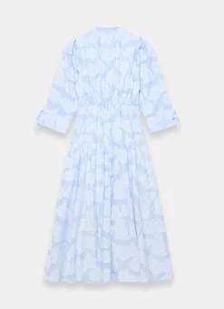 Blue Cotton Floral Shirt Midi Dress