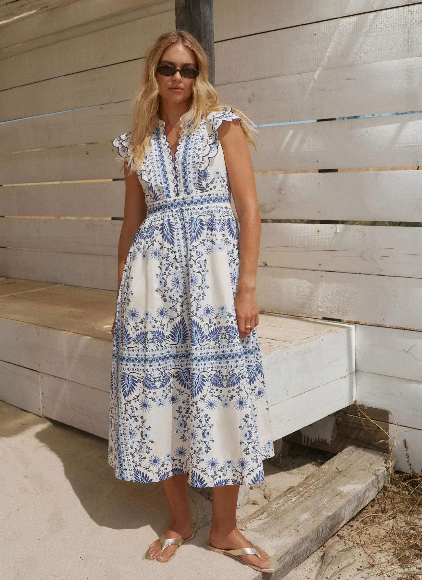 Blue Cotton Print Scallop Trim Midi Dress