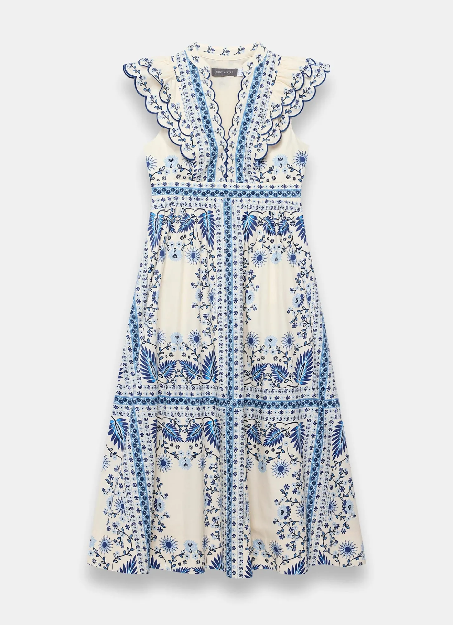 Blue Cotton Print Scallop Trim Midi Dress