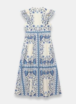 Blue Cotton Print Scallop Trim Midi Dress