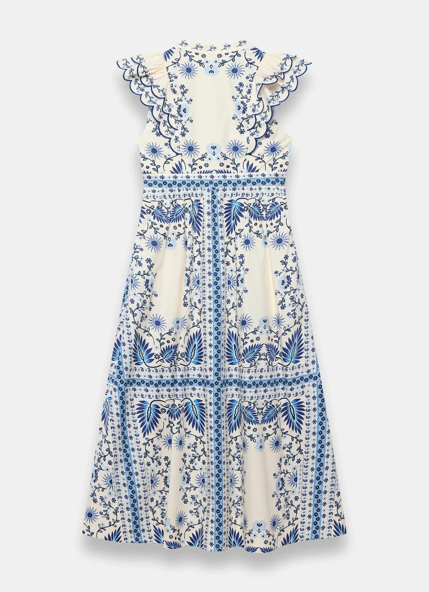 Blue Cotton Print Scallop Trim Midi Dress