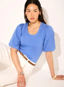 Blue Cotton Puff Sleeve Top
