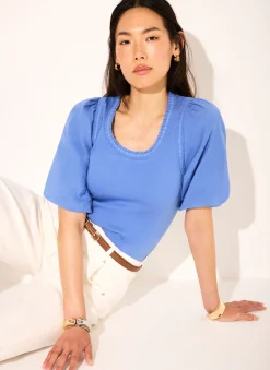 Blue Cotton Puff Sleeve Top