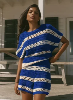 Blue Cotton Striped Crochet Knit Shorts