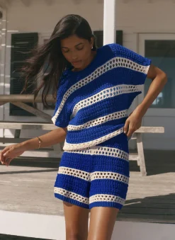 Blue Cotton Striped Crochet Knit Shorts