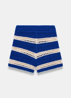 Blue Cotton Striped Crochet Knit Shorts