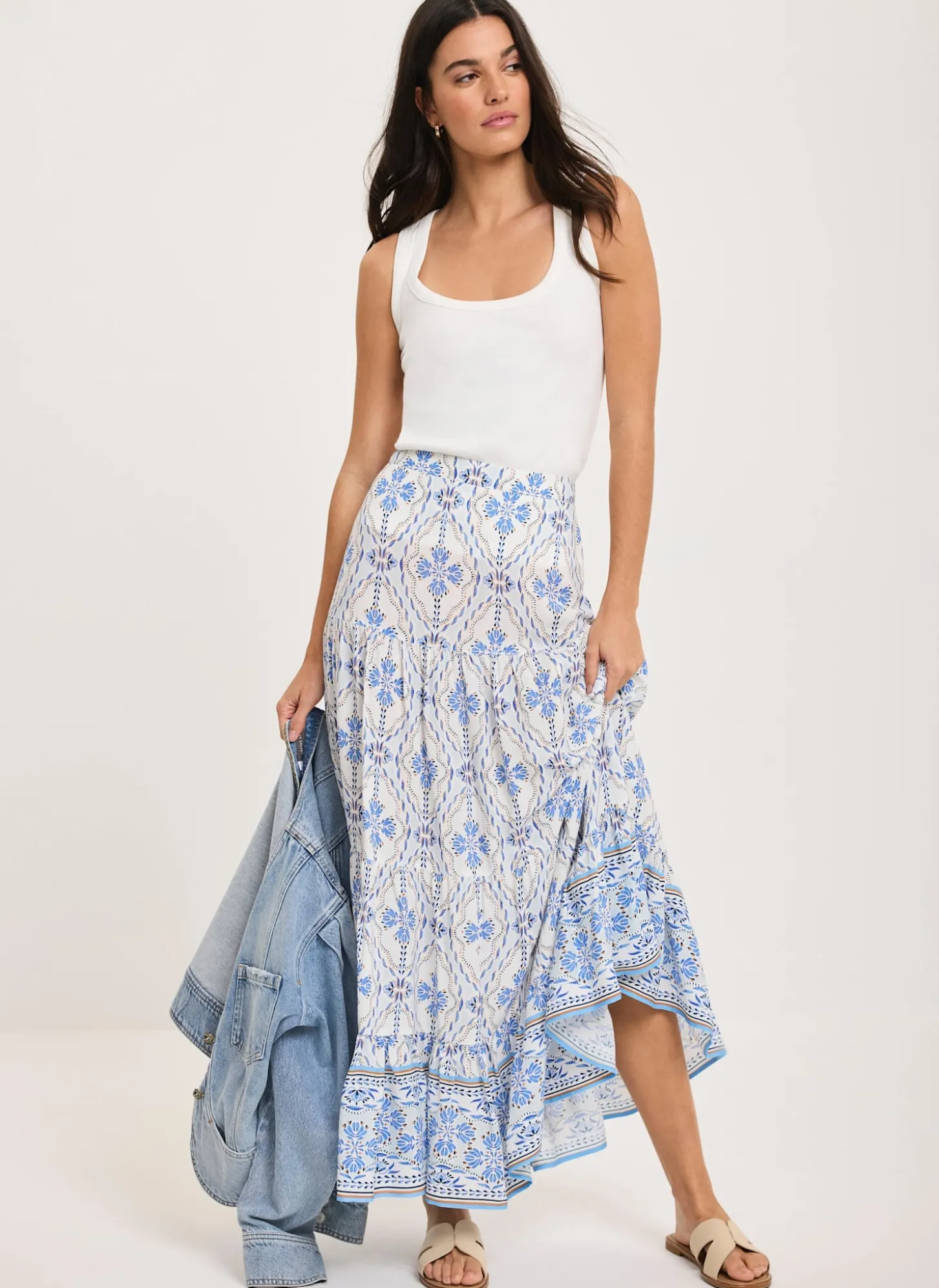 Blue Floral Print Maxi Skirt