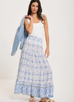 Blue Floral Print Maxi Skirt