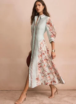 Blue Floral Print Midi Shirt Dress