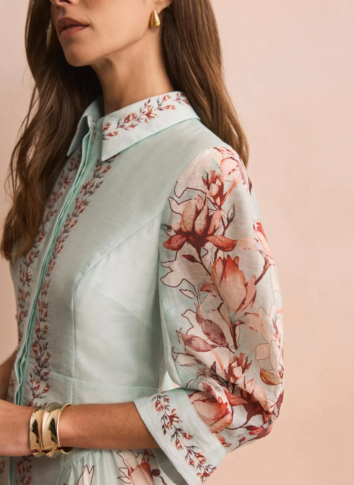 Blue Floral Print Midi Shirt Dress