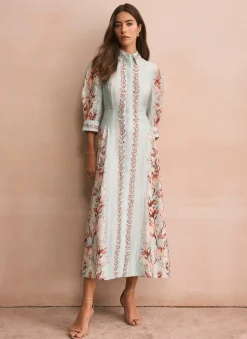 Blue Floral Print Midi Shirt Dress