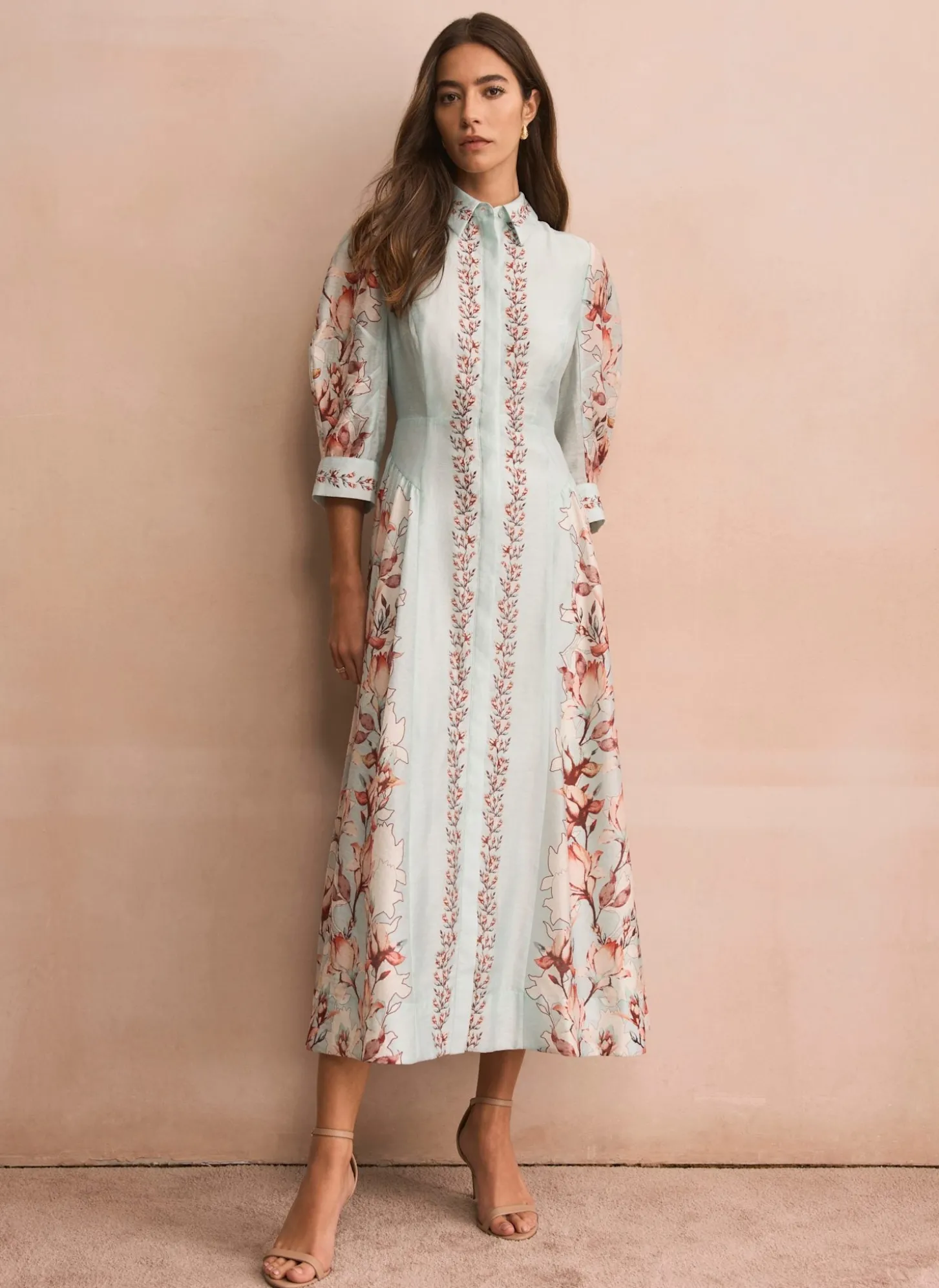 Blue Floral Print Midi Shirt Dress
