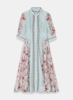 Blue Floral Print Midi Shirt Dress