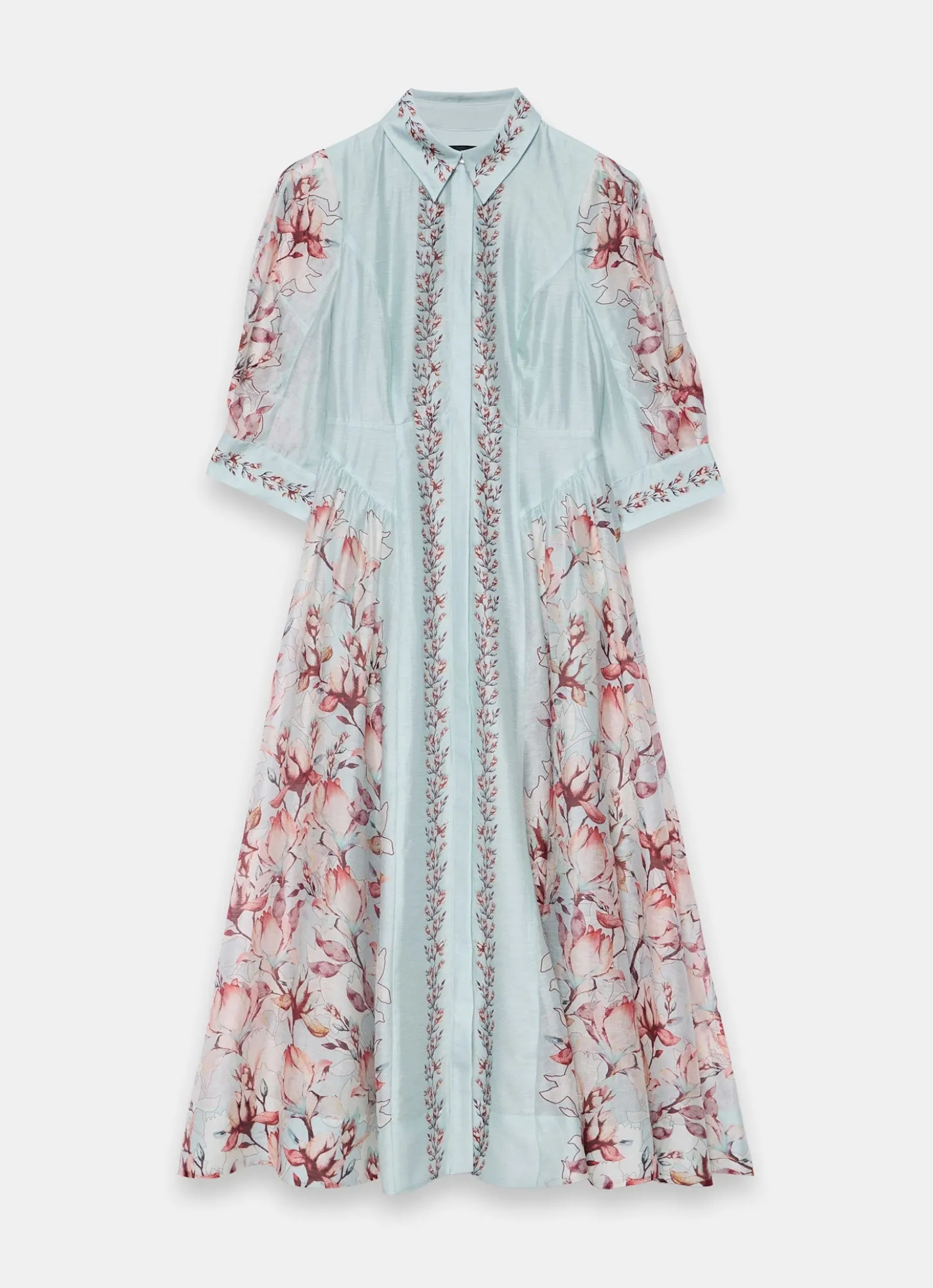 Blue Floral Print Midi Shirt Dress