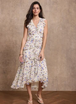 Blue Floral Print Ruffle Midi Dress