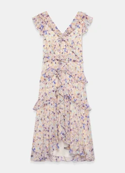 Blue Floral Print Ruffle Midi Dress